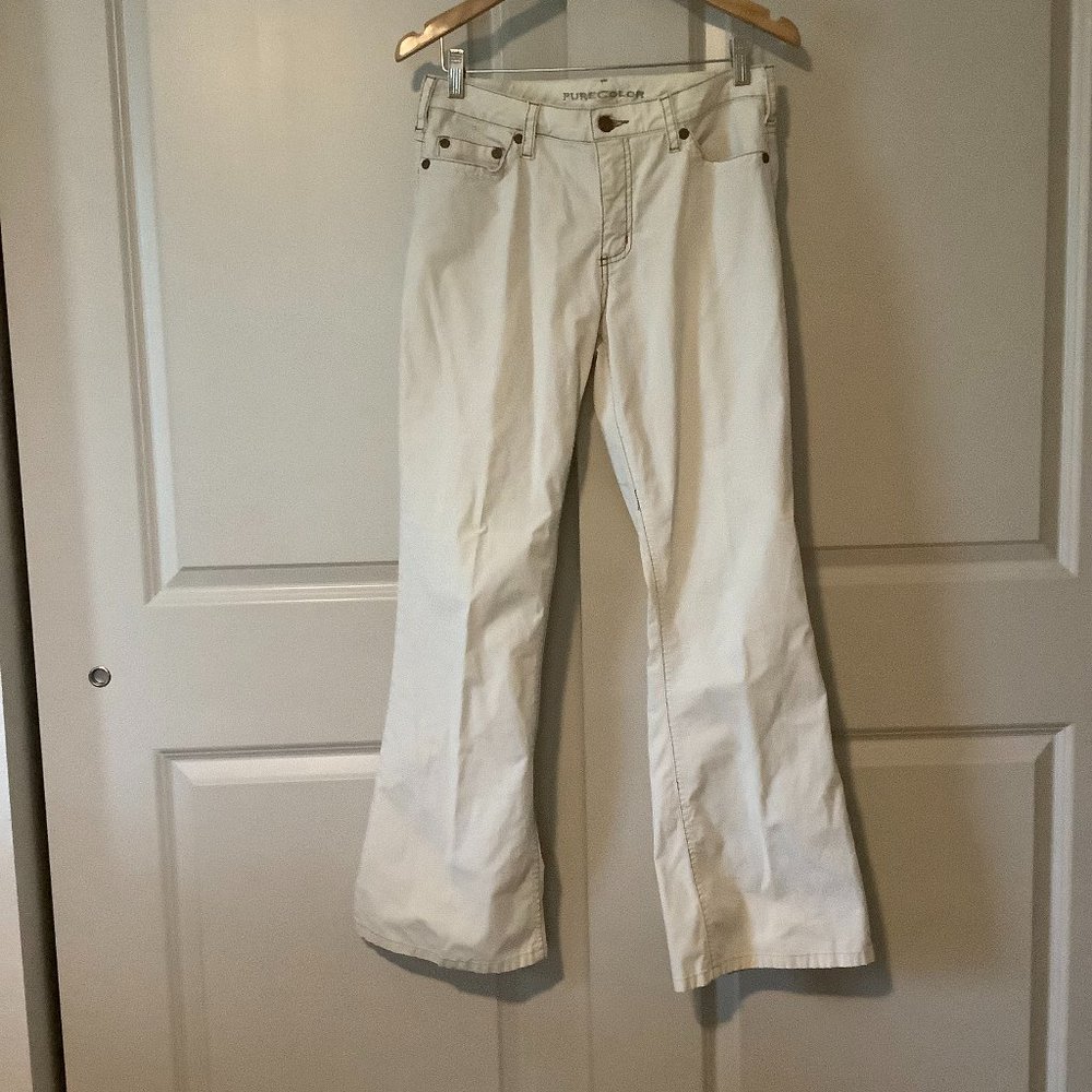 Cream Flare Pants Size 29 Pure Color Regular Length Contrast Stitching Cotton